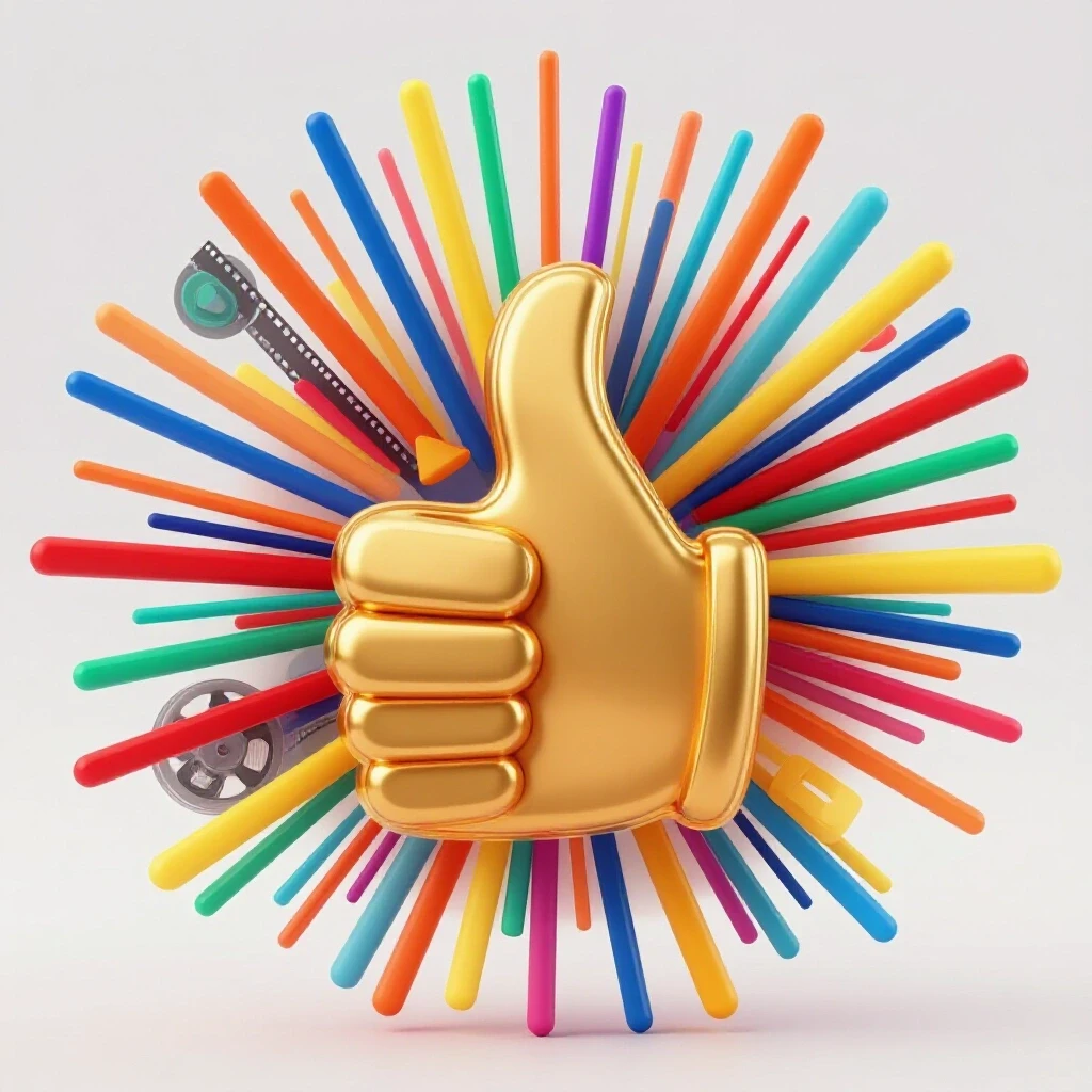 Golden thumbs-up icon radiating vibrant colors, symbolizing YouTube engagement and success.