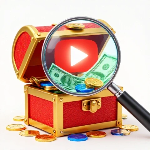 A golden treasure chest overflowing with coins and dollar bills, magnified by a glass, with a glowing YouTube play button behind, on a bright studio background.