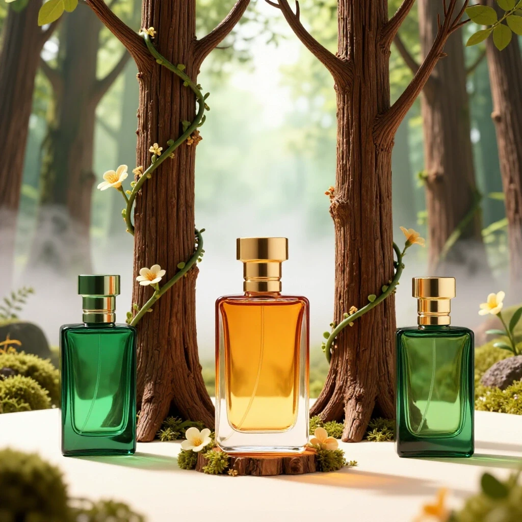 A striking composition of perfume bottles resembling tree trunks surrounded by vines and flowers in a mystical forest setting.