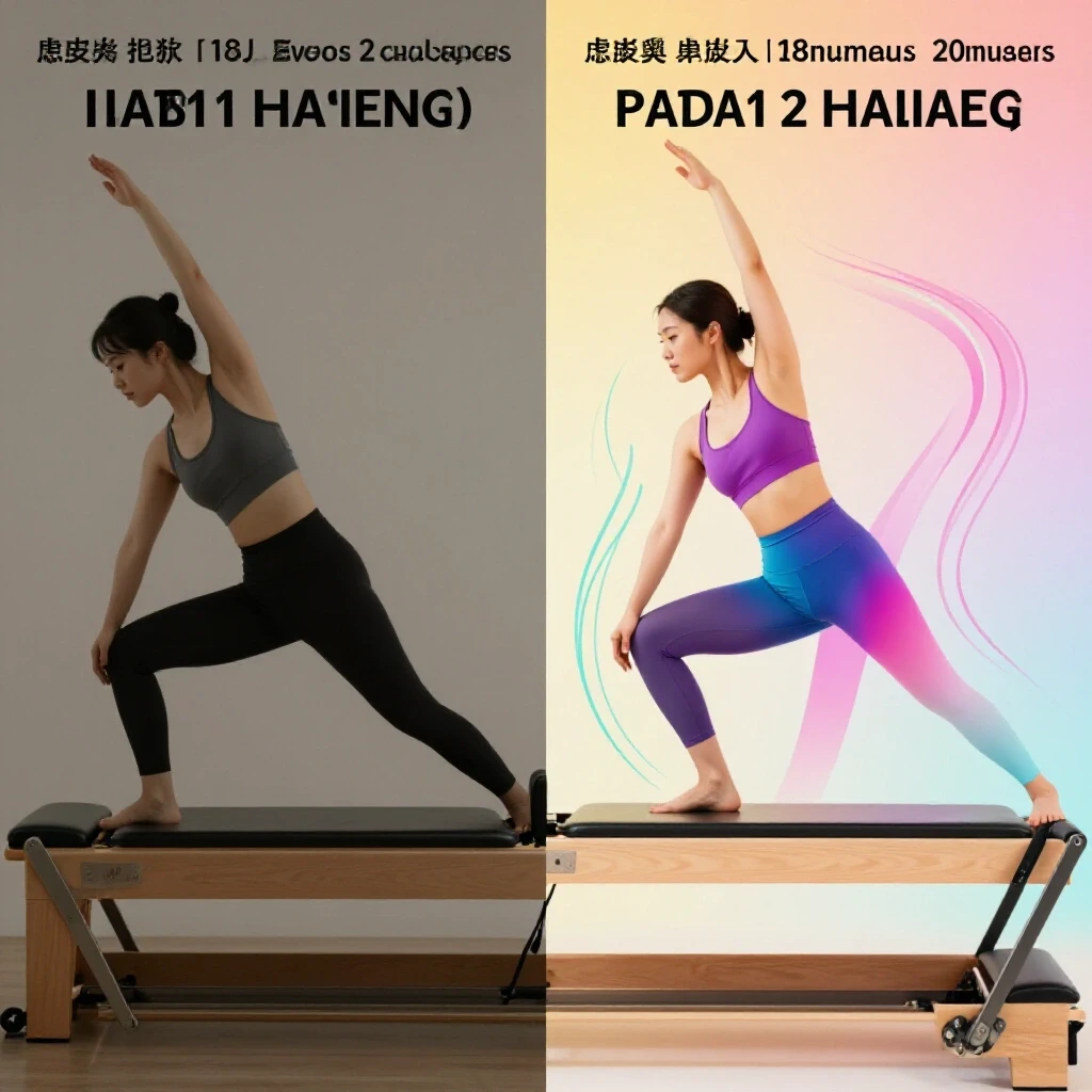 A dynamic split image showing transformation after a 28-day Pilates challenge with vibrant colors on one side and muted colors on the other.