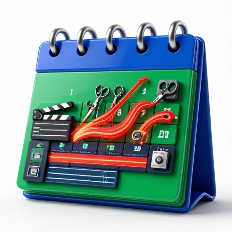 A vibrant calendar morphs into video editing tools, linked by colorful energy lines on a bright white background.