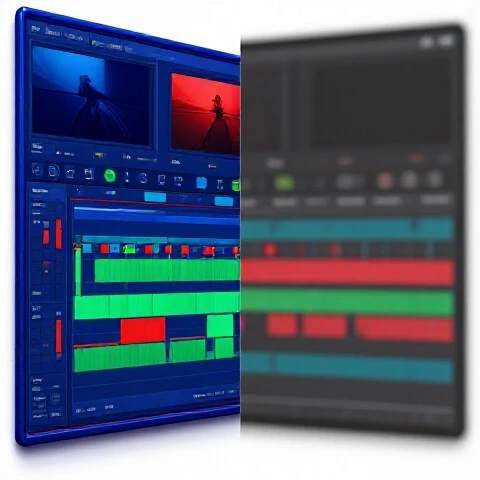 Split-screen view comparing a crisp, vibrant editing timeline with a blurred simplified timeline on a bright white background.