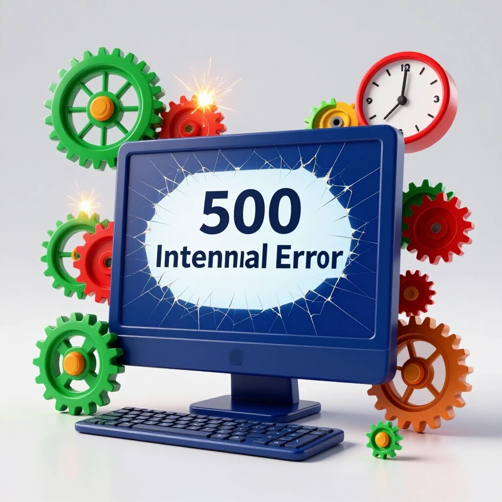 3D rendering of a cracked computer screen showing a '500 Internal Error' with vibrant gears and a ticking clock.