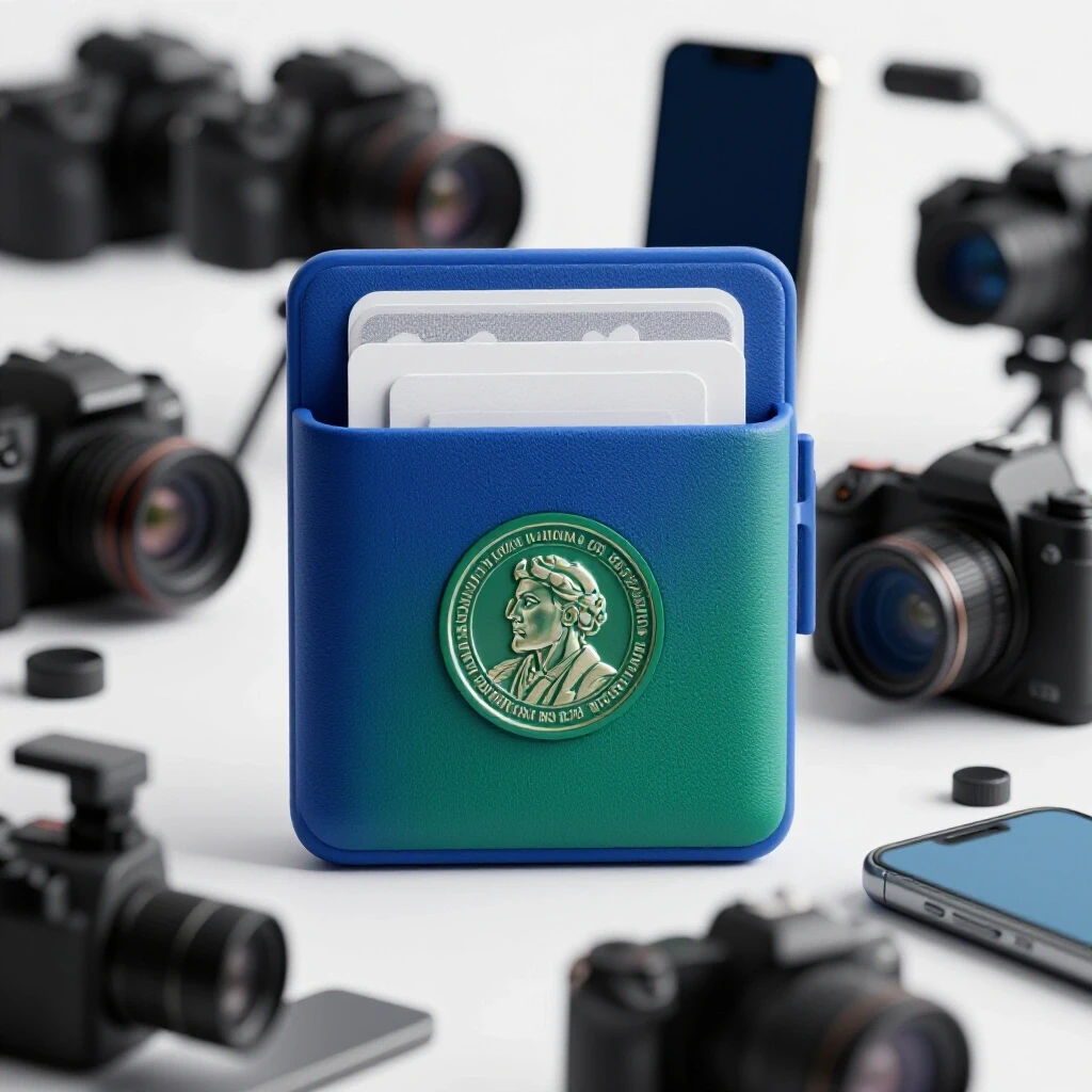 A sleek, colorful coin-and-card holder centered, surrounded by blurred vlogger tools, showcasing minimalist design.