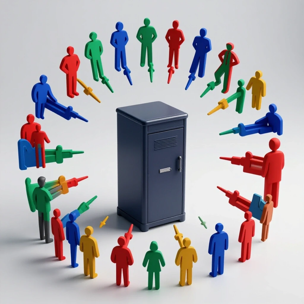 A modern convertible entry box centered, surrounded by colorful influencer silhouettes in a bright studio setting.