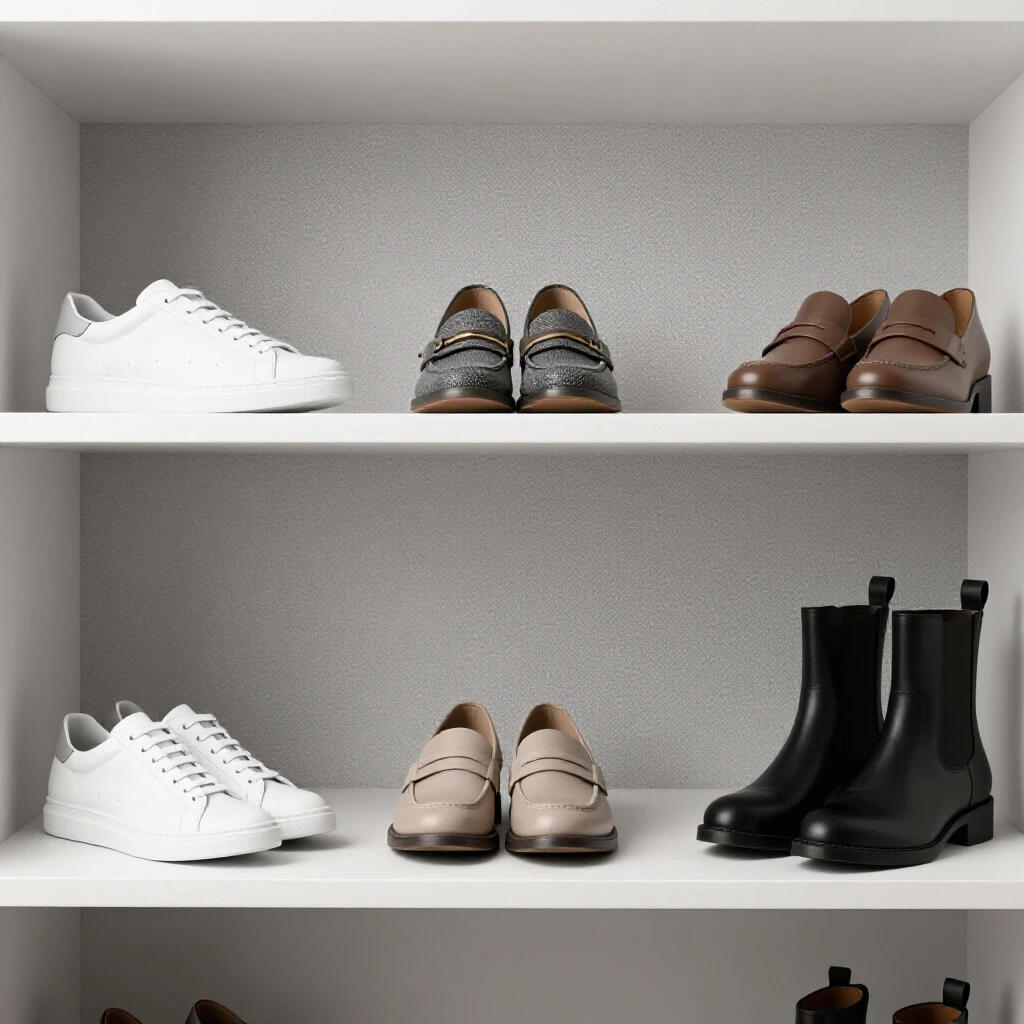 Organized minimalist closet displaying stylish shoes including white leather low-top sneakers and neutral loafers.