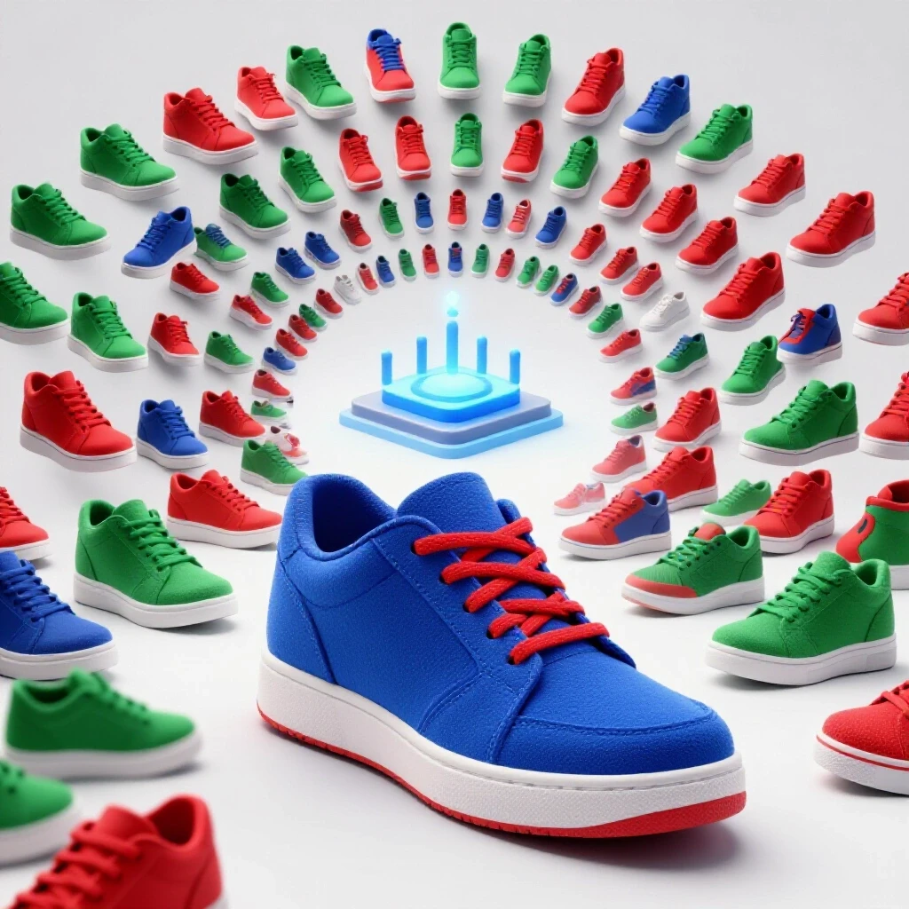 A vibrant oversized shoe surrounded by smaller shoes spiraling towards a digital platform icon, emphasizing shoe swap platforms.