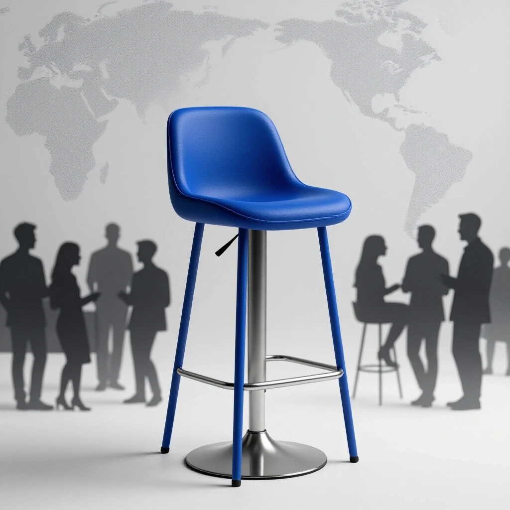 A modern deep royal blue bar stool in a bright studio setting, suggesting influencer community engagement.