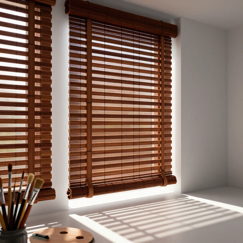 A sunlit room showcasing elegant faux bamboo blinds with artistic tools in the foreground, highlighting craftsmanship.