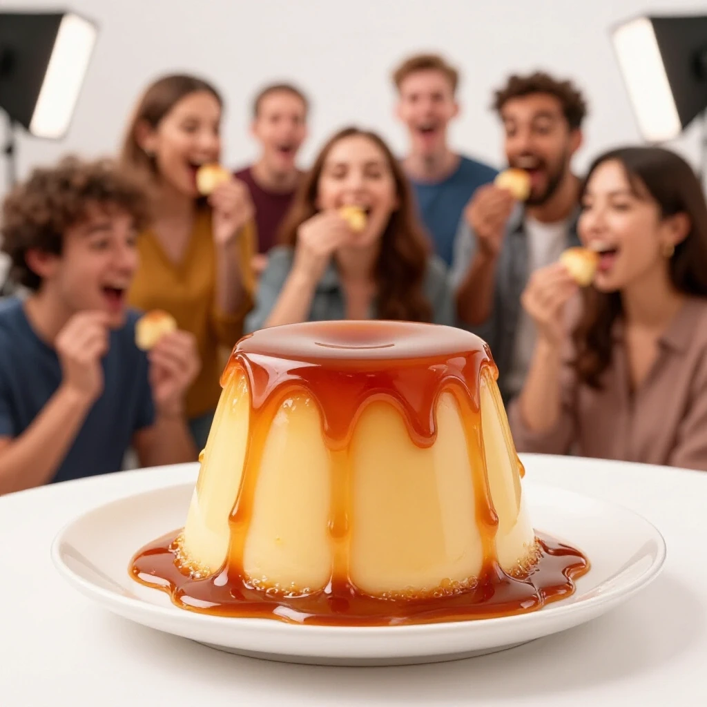 A decadent sticky toffee pudding dripping with glossy sauce, centered in a bright studio environment, evoking indulgence.