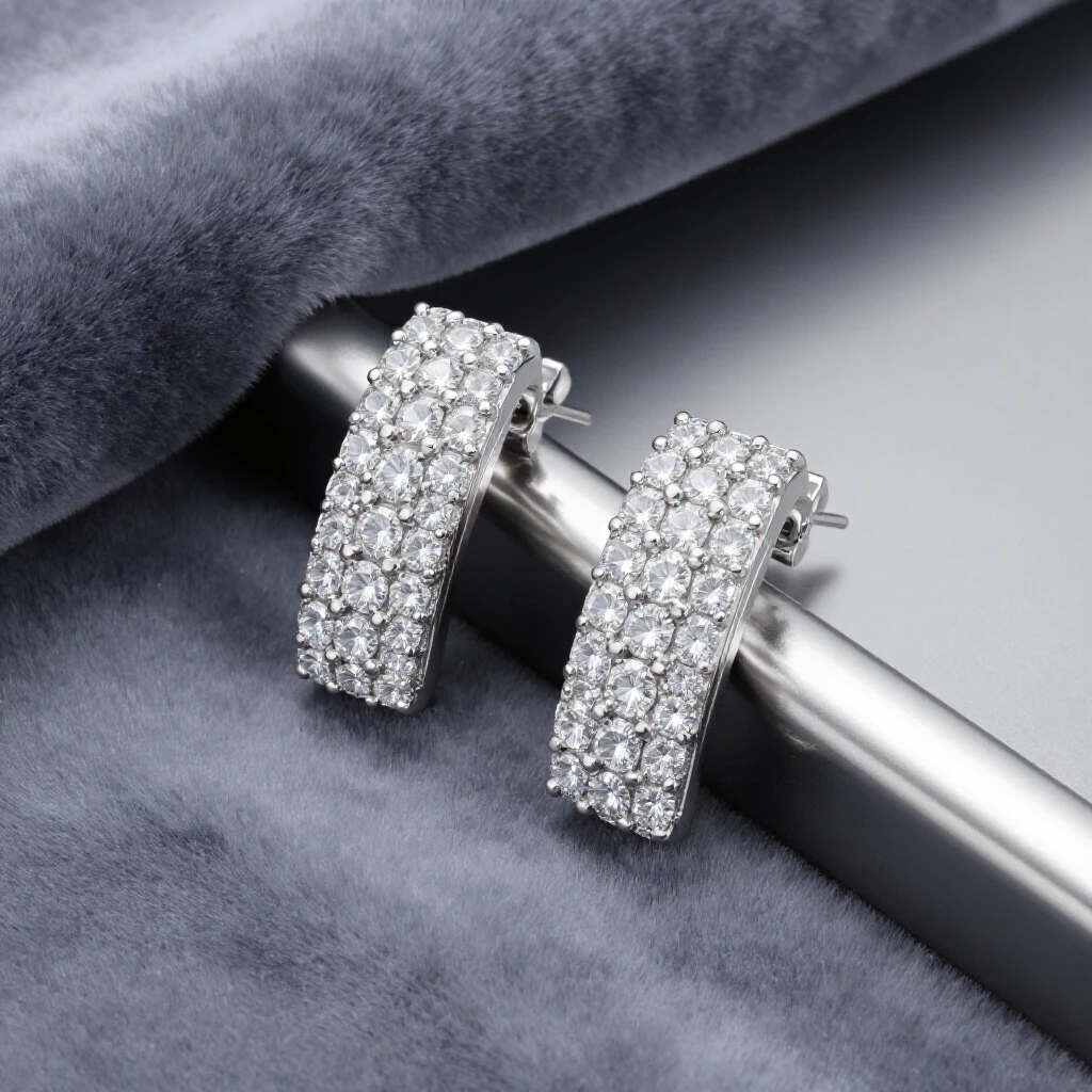 Close-up of a luxurious pavé micro-stud earring set with contrasting velvet and polished metal textures, showcasing exquisite details.