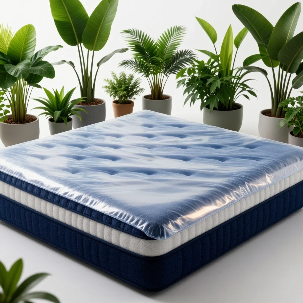 A plush mattress with a glowing protector surrounded by vibrant plants and soft bedding, set in a luminous studio.