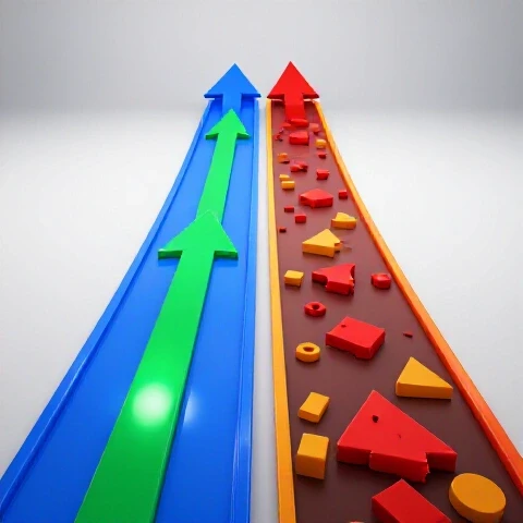 Two diverging pathways: one vibrant and well-lit with arrows and spotlights, the other shadowed with warning signs and obstacles, symbolizing YouTube strategy choices.