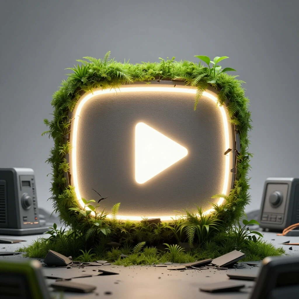 A vibrant green YouTube logo surrounded by crumbling technology and plants symbolizing revival.