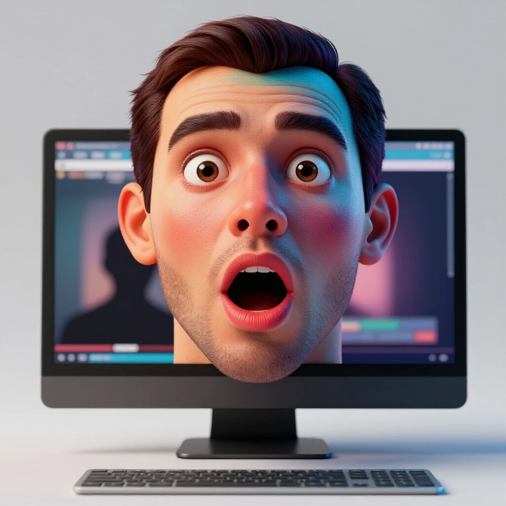 A shocked face hiding behind a computer screen with a blurred video player silhouette in a bright studio.