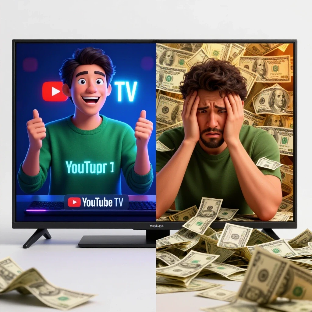 A split scene showing a joyous person streaming on YouTube TV versus a frustrated viewer with crumpled bills and ads