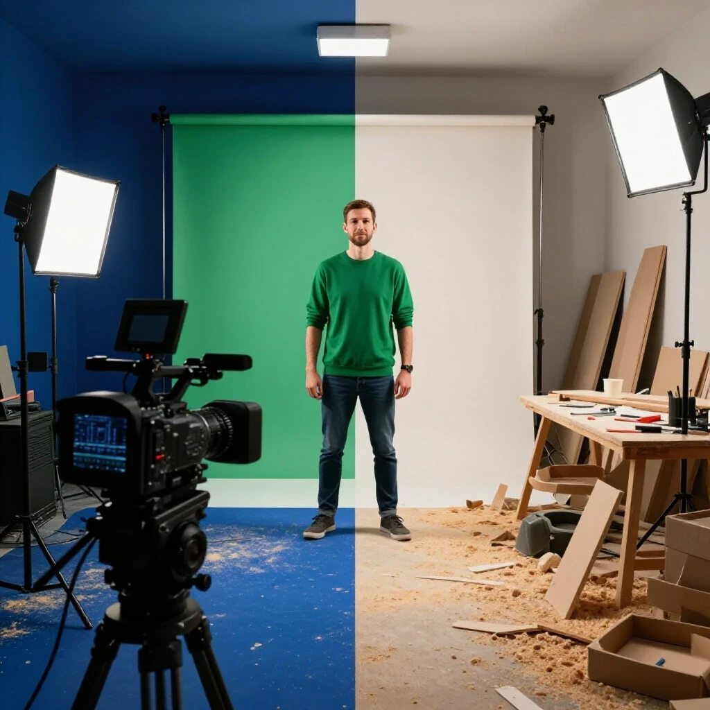 A split-scene image showing a professional video setup on one side and a chaotic, sawdust-filled workspace on the other, highlighting ad suitability risks.