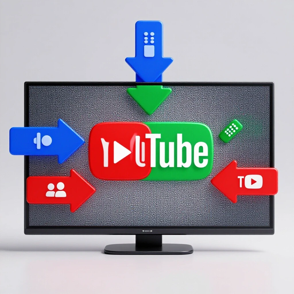 A vibrant 3D YouTube TV screen surrounded by colorful arrows representing the steps to add accounts.