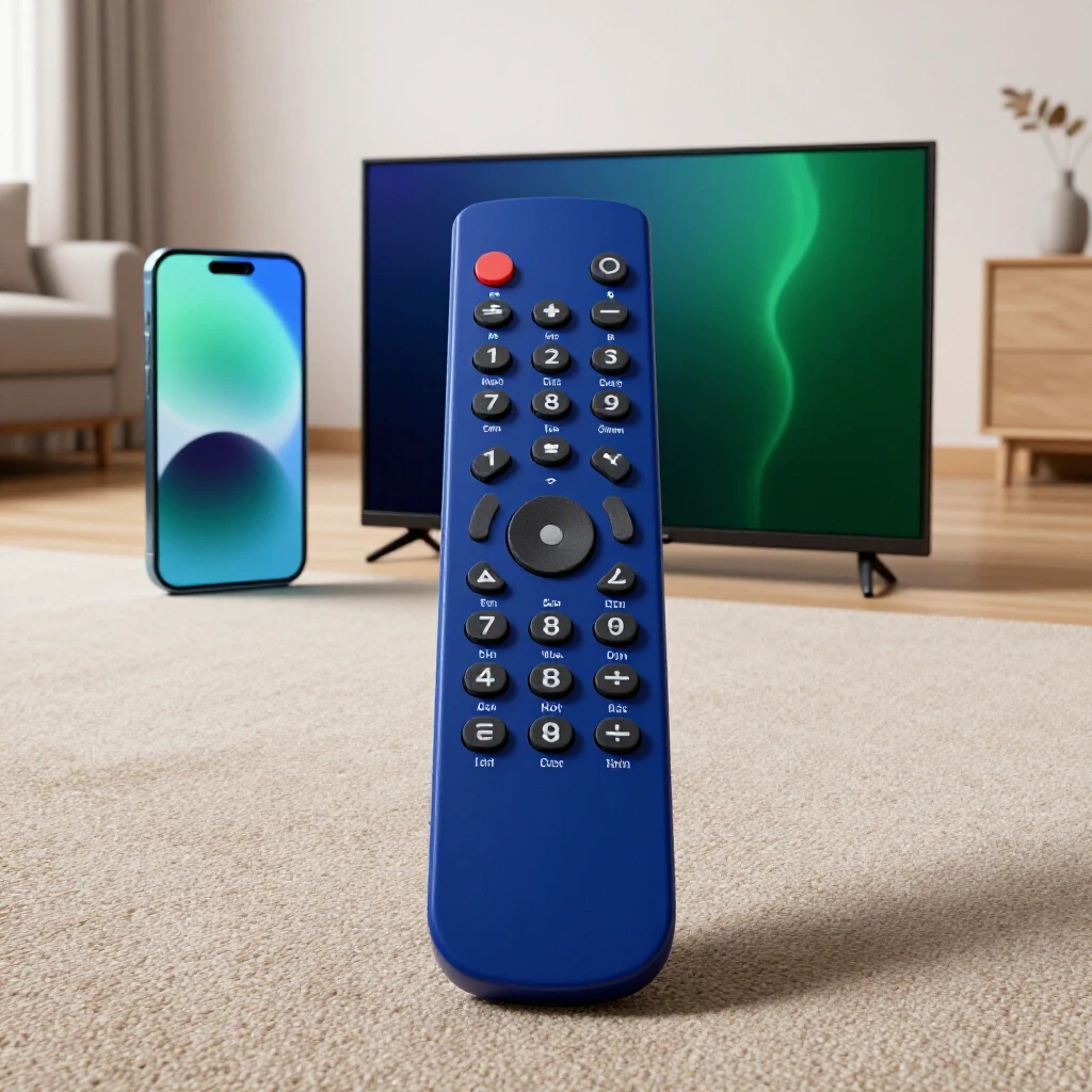 A visually dynamic 3D image showcasing a remote control with a smartphone, tablet, and smart TV in a cozy living room setting.