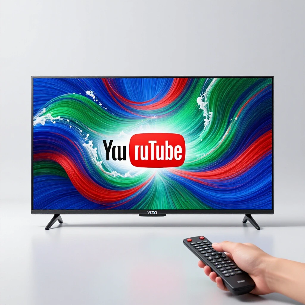 A modern Vizio TV featuring the YouTube logo, surrounded by colorful waves and a hand reaching for a remote.
