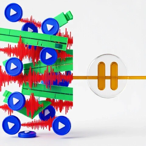 Striking split-scene of a busy, colorful timeline clashing with a calm, glowing pause symbol on white background