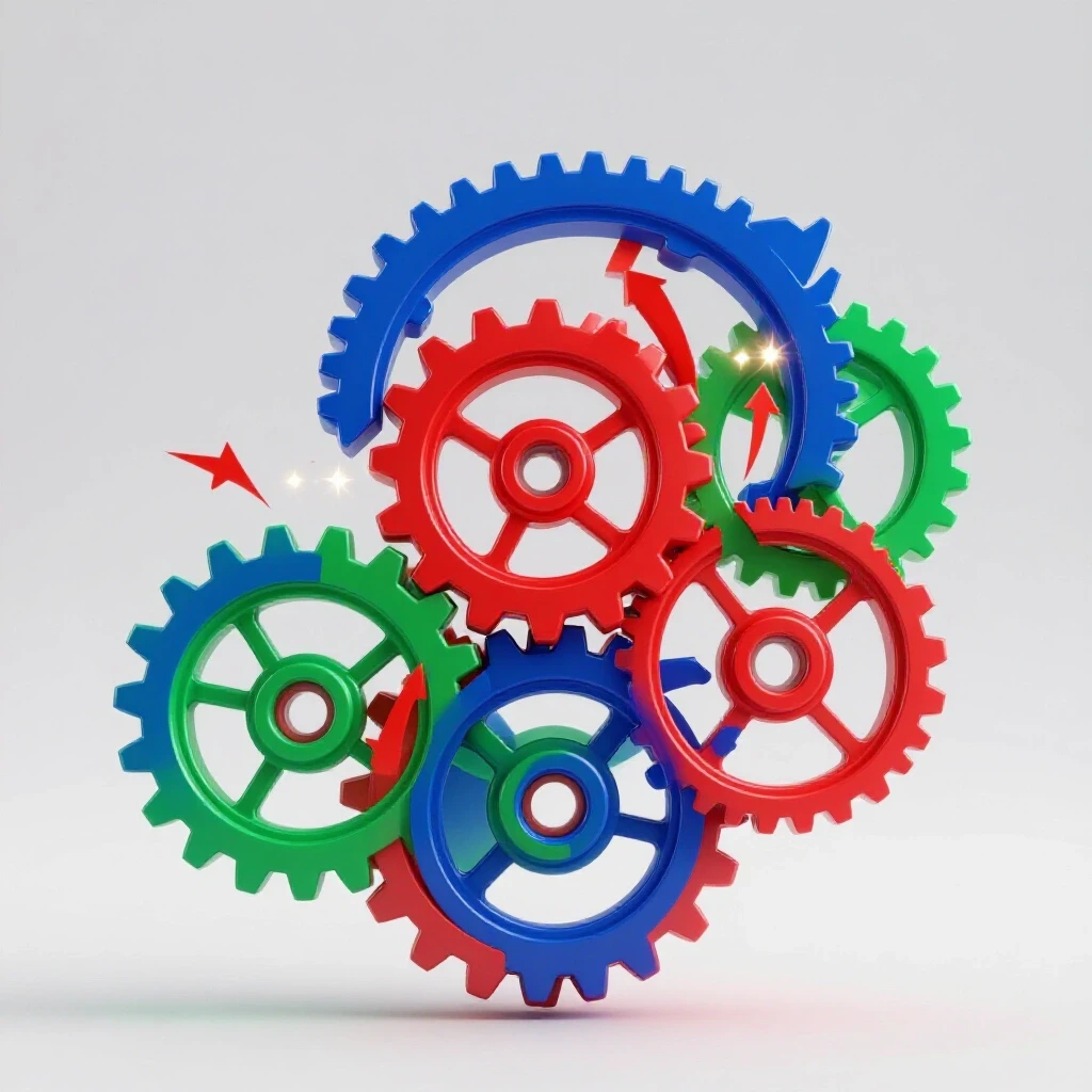 A colorful 3D gear mechanism representing encoding settings, set against a bright grey background.