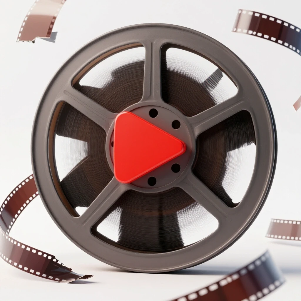 A broken film reel with a bright play button trapped inside, symbolizing ads not playing on YouTube. Bright, contrasting colors create urgency.