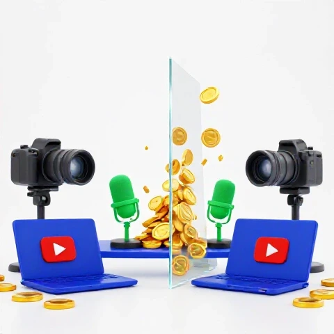 Split image of a creator desk setup with golden coins flowing in on one side and coins blocked by a glass barrier on the other.