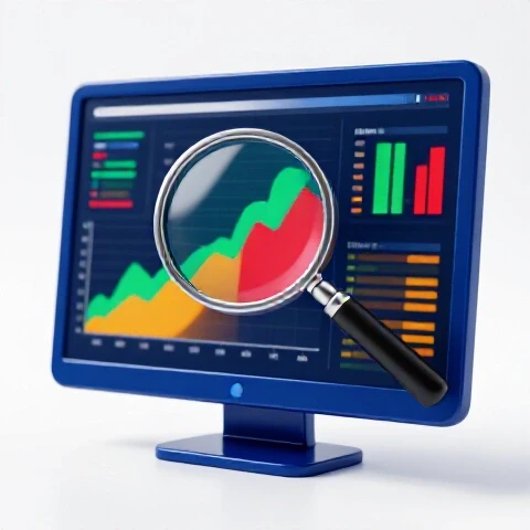 Magnifying glass highlighting vivid charts on a deep blue computer screen with blurred data background.