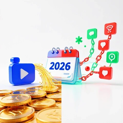 Dynamic split-screen with golden coins from a video player and a glowing icon chain converging on a futuristic calendar