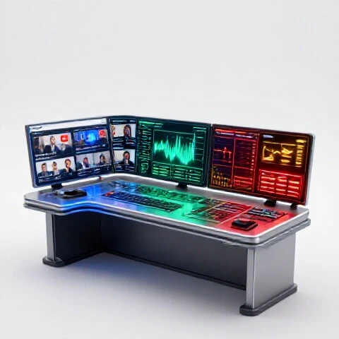 A glossy, high-tech control room filled with vibrant video screens, glowing analytic charts, and colorful dashboards against a luminous white background.