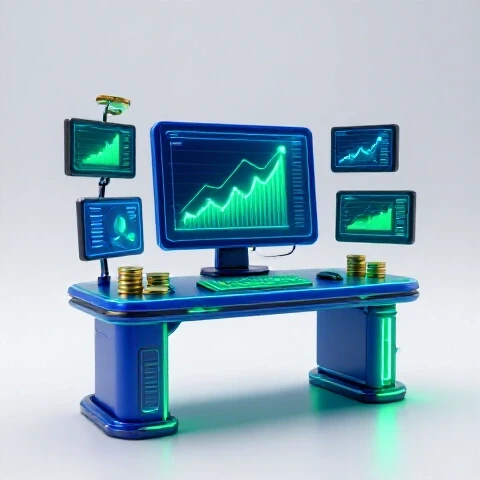 Futuristic workstation with glowing screens showing rising graphs and coins, spotlighted for growth and innovation.