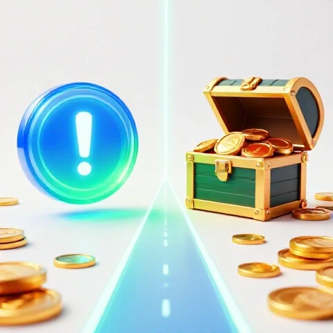 Split-screen image featuring a glowing click button, a treasure chest overflowing with gold, and a luminous path connecting them.