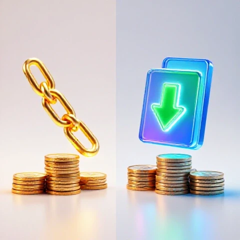 Split image showing a glowing gold affiliate link chain and a radiant digital product download icon, each on stacks of coins, set against a bright, clean background.