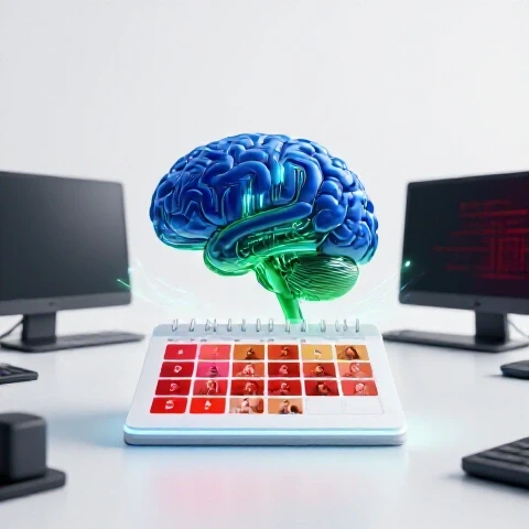 Futuristic workspace with a glowing AI brain and vibrant calendar of video thumbnails on luminous background