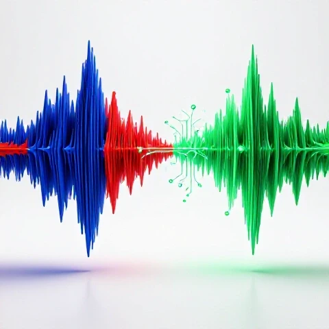 Chaotic blue and red audio waveform transforming into a clear green sound wave with glowing AI elements on a bright background