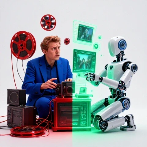 Split scene with tangled film reels and old equipment contrasted against an AI robot creating vivid video scenes.