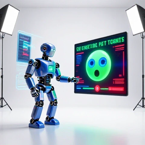 Split-screen of a robot analyzing a video frame and a video player with crisp, colorful subtitles glowing brightly.