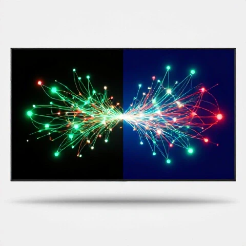 Split-screen video frame showing flat colors on one side and vibrant, AI-enhanced color grading on the other, connected by an abstract digital neural motif.