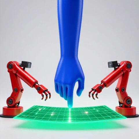 Futuristic workspace with a human hand and robotic arms interacting over a glowing holographic video timeline.