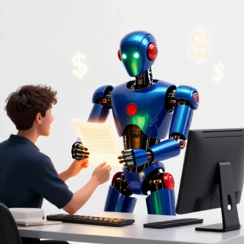 Futuristic robot hands glowing script to a content creator at a computer with dollar symbols glowing in background