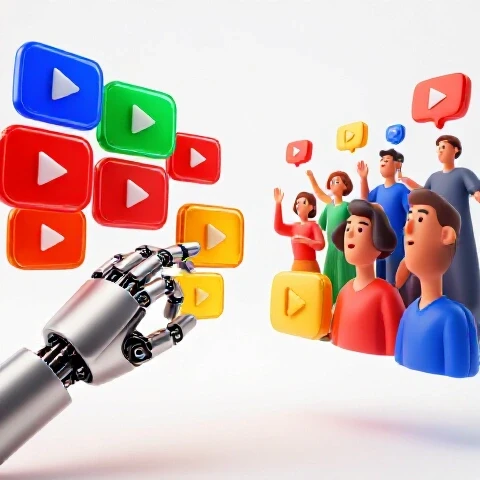 A robot hand selects vibrant video thumbnails on one side; abstract viewer figures react with interest on the other, all on a bright background.