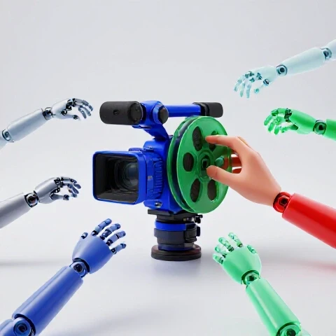 A vibrant camera being adjusted by a human hand, surrounded by ghostly robotic arms, on a bright background.