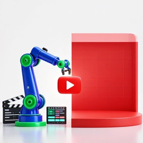 Split scene with a robotic arm editing YouTube videos on one side and an empty graph on the other, set in a bright studio.