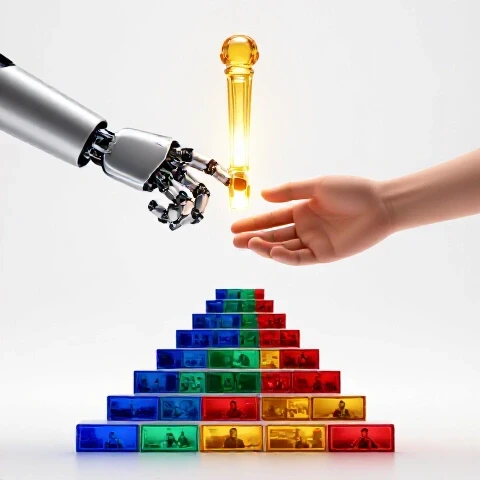 A futuristic robot hand passes a glowing baton to a human hand atop colorful video thumbnail stairs, symbolizing partnership.