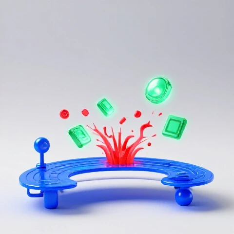 Central workstation surrounded by glowing AI tools absorbing chaotic, red video elements in a luminous studio setting.