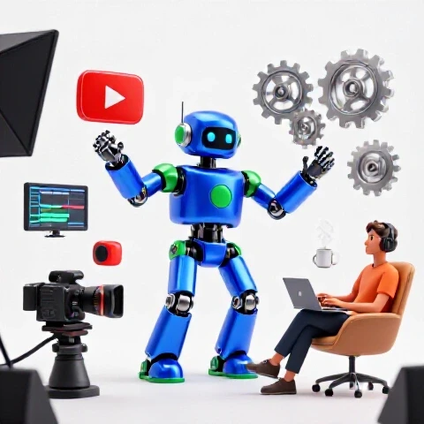 Colorful robot assistant multitasking with video production tools in a bright studio, emphasizing AI support for creators.