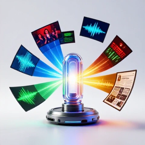 Futuristic AI device radiates energy, dynamically transforming video footage into various vibrant content formats
