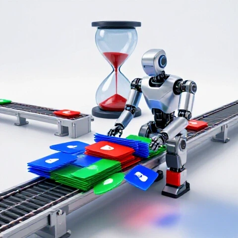 A futuristic AI robot creates multiple vibrant YouTube video thumbnails on an assembly line with a melting hourglass nearby.