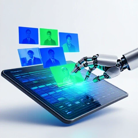 A robotic hand arranges glowing video thumbnails on a vibrant digital calendar in a luminous workspace.